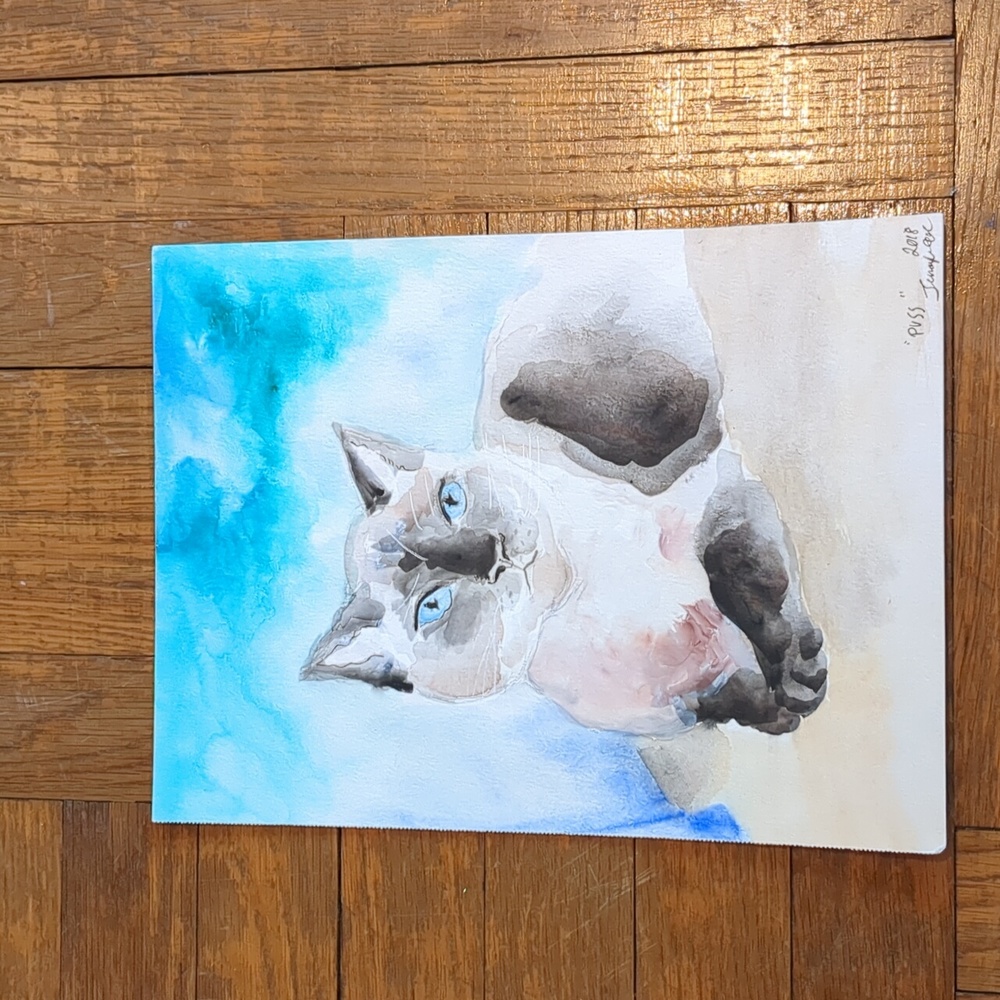 Original signed Watercolor. "Puss", Siamese cat. Pet Portrait.